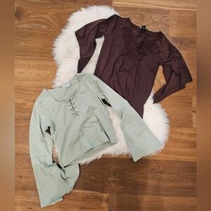 Vintage Brown and Green Long Sleeve Tops